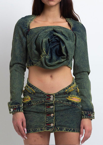 DENIM ROSE DRAPE TOP