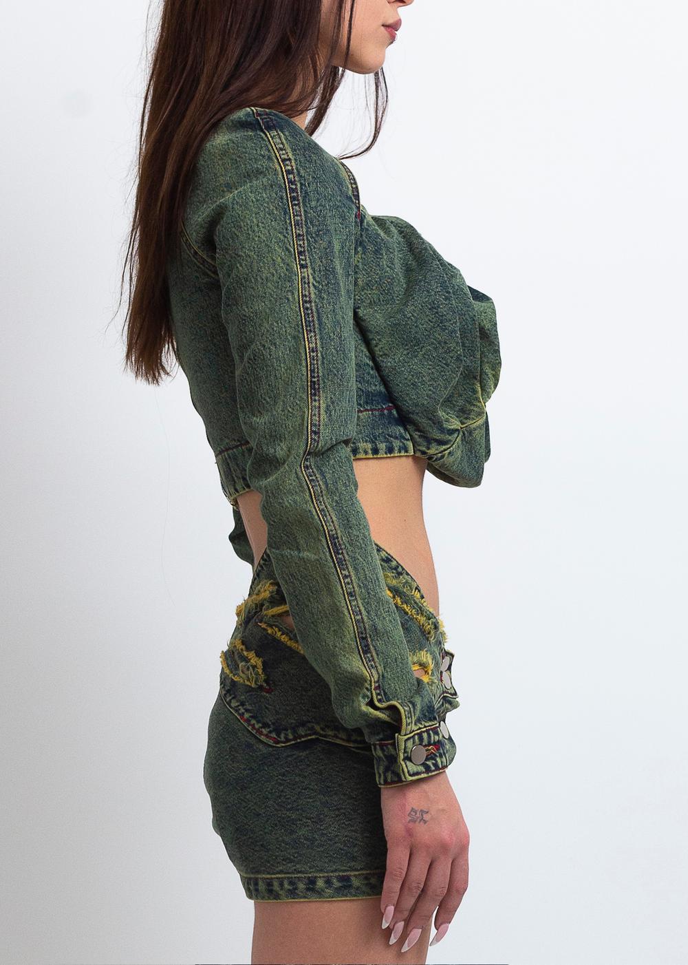 DENIM ROSE DRAPE TOP