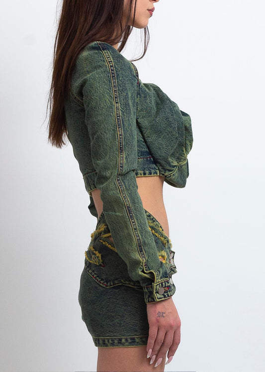 DENIM ROSE DRAPE TOP