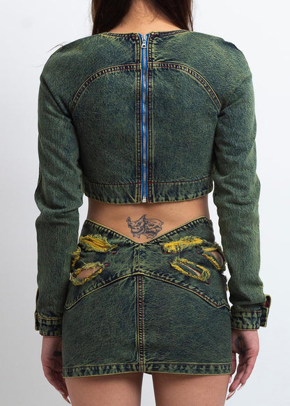 DENIM ROSE DRAPE TOP