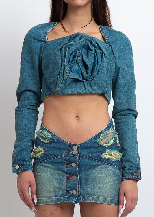 DENIM ROSE DRAPE TOP