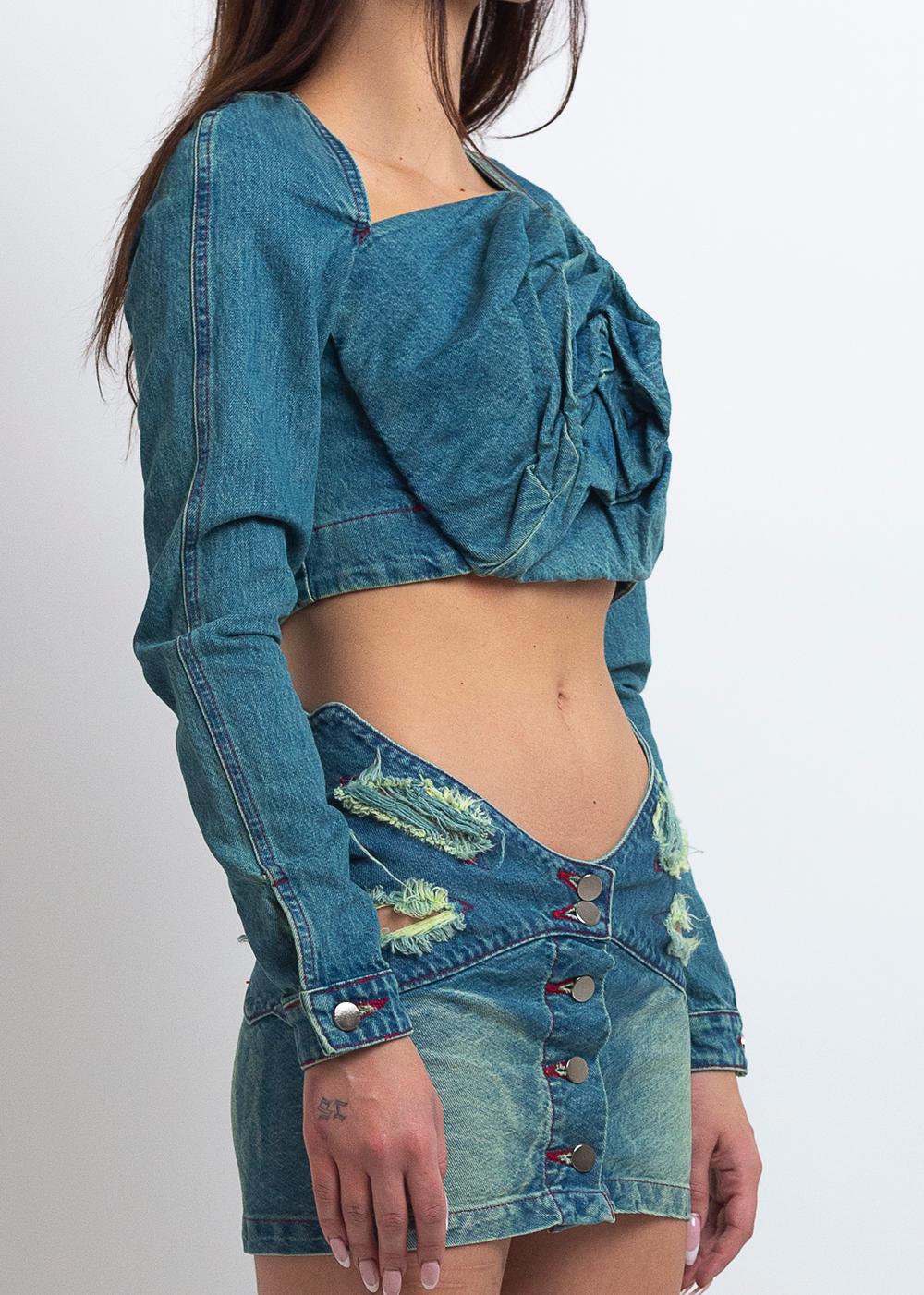 DENIM ROSE DRAPE TOP