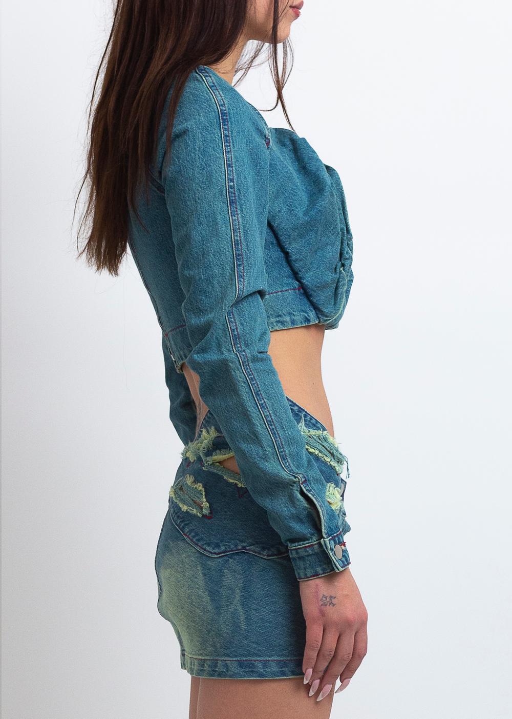 DENIM ROSE DRAPE TOP