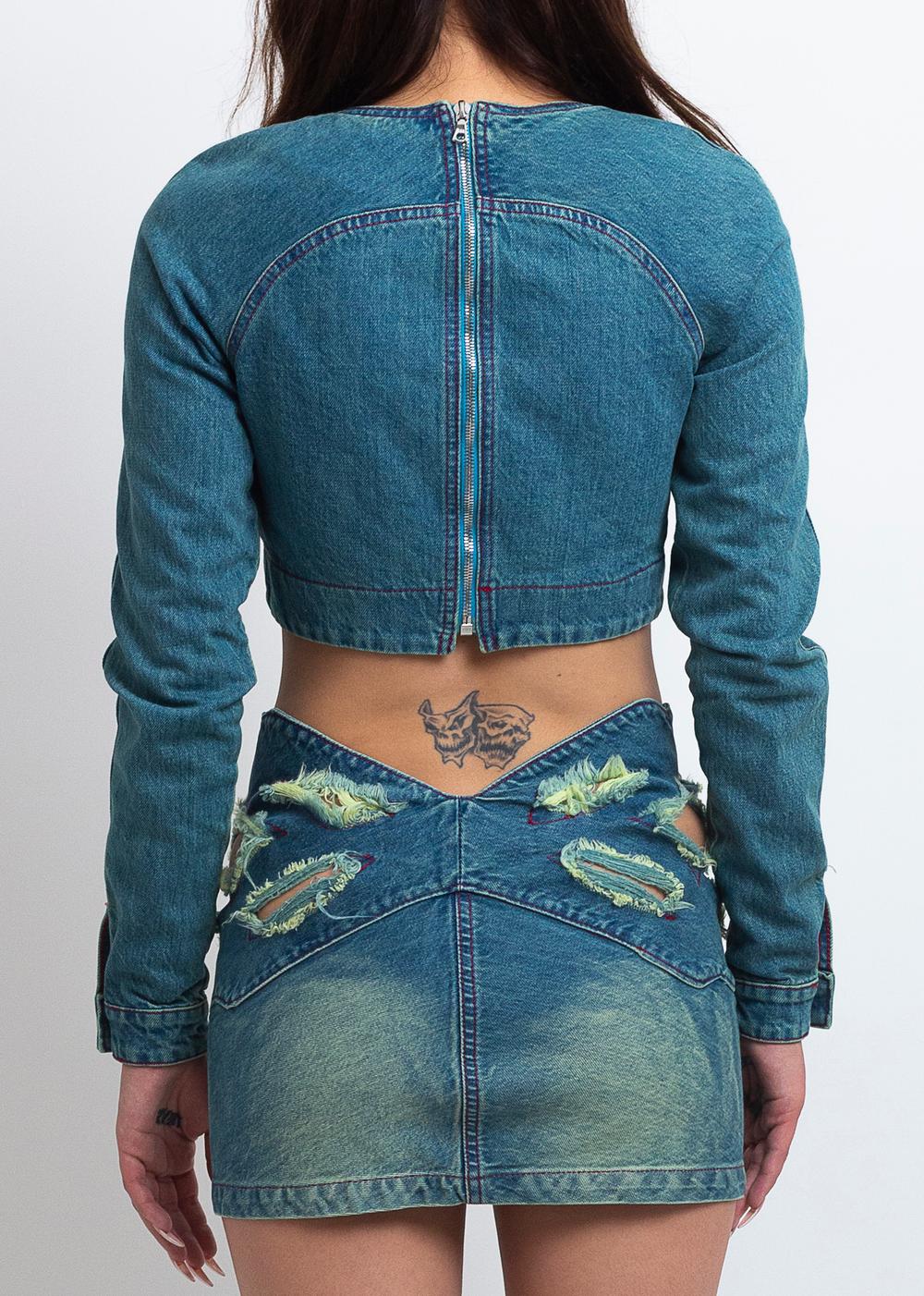 DENIM ROSE DRAPE TOP
