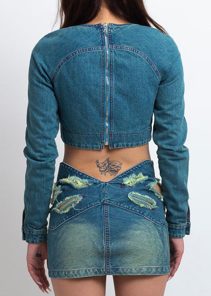 DENIM ROSE DRAPE TOP