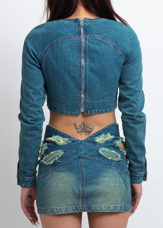 DENIM ROSE DRAPE TOP
