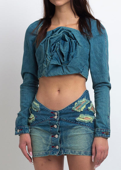 DENIM ROSE DRAPE TOP