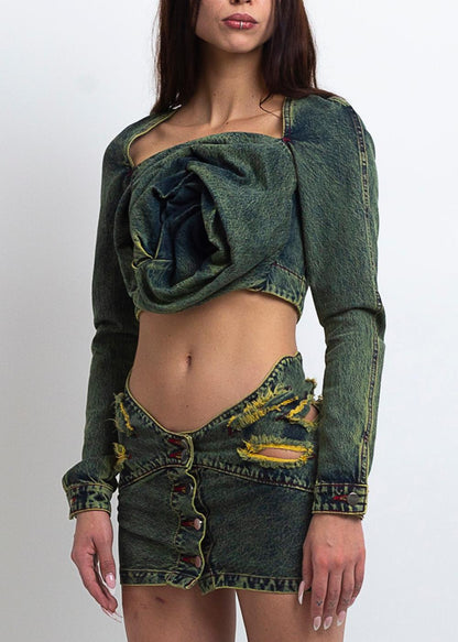 DENIM ROSE DRAPE TOP