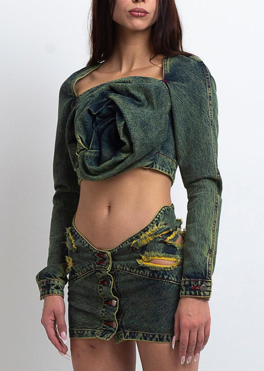 DENIM ROSE DRAPE TOP