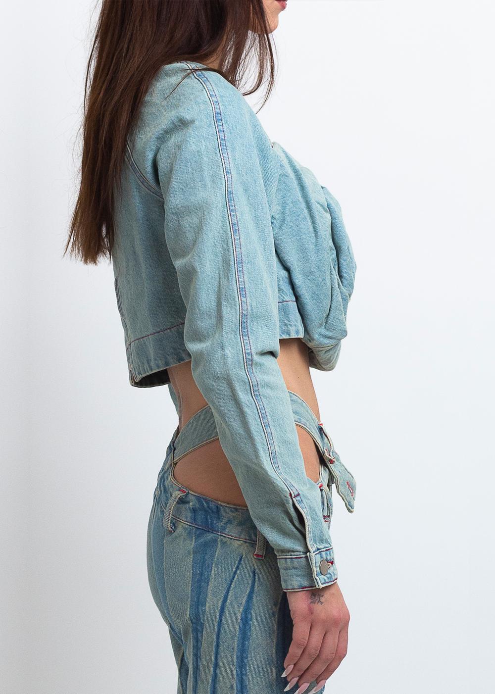 DENIM ROSE DRAPE TOP