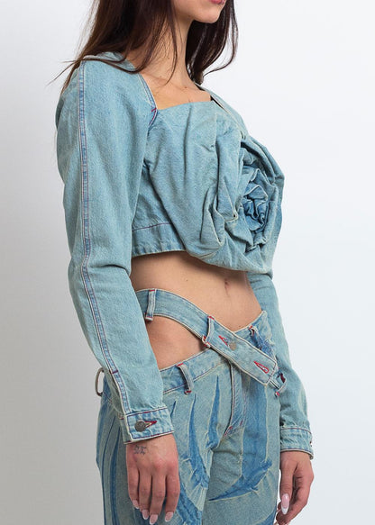 DENIM ROSE DRAPE TOP