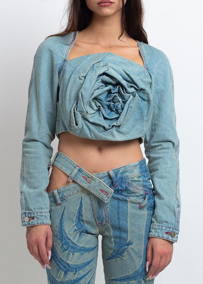 DENIM ROSE DRAPE TOP
