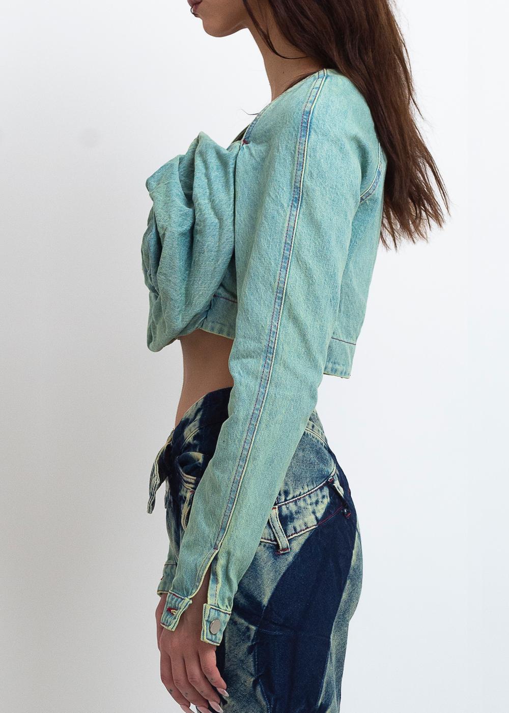 DENIM ROSE DRAPE TOP