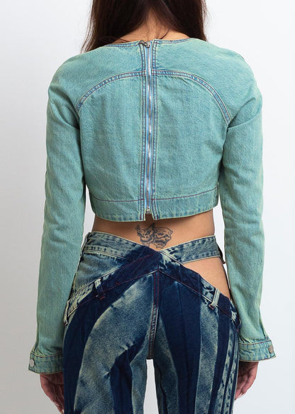 DENIM ROSE DRAPE TOP