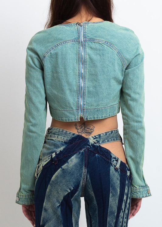 DENIM ROSE DRAPE TOP