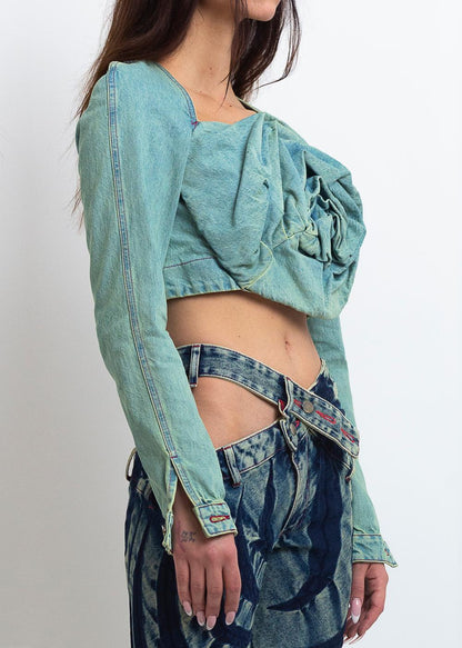 DENIM ROSE DRAPE TOP