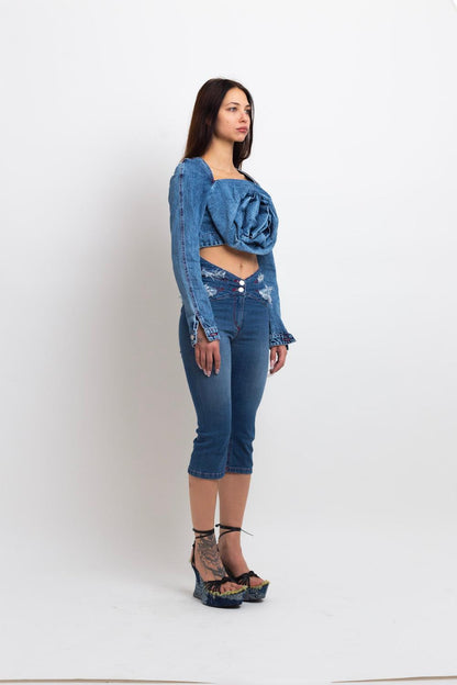 DENIM ROSE DRAPE TOP