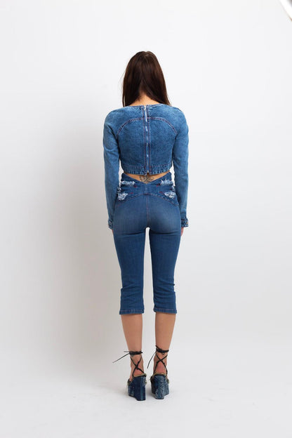DENIM ROSE DRAPE TOP