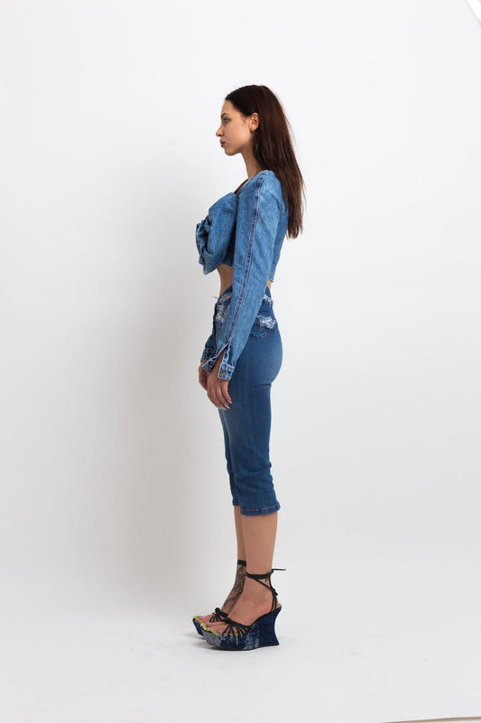 DENIM ROSE DRAPE TOP